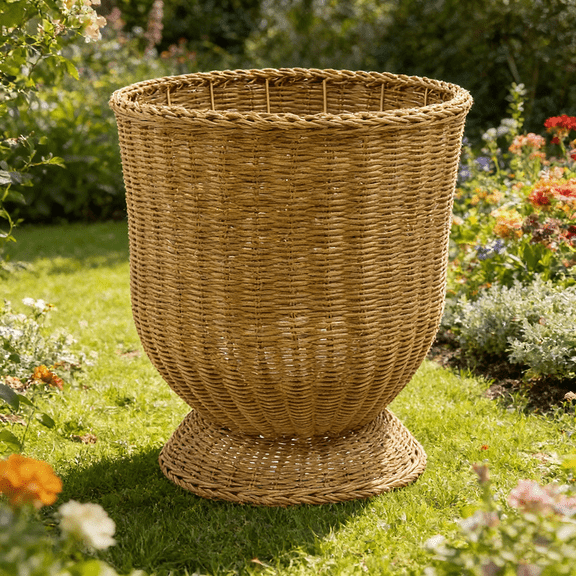9.8 Inch Tall Rotundity Woven Rattan Planter Basket, Decorative Indoor Outdoor Storage Pot for Porch, Patio, Backyard & Home Garden, Perfect for Olive Trees & Plants