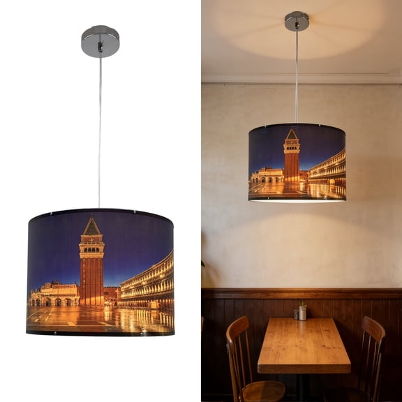 9.8 Inch Venice Night Historic Building Drum Pendant Light, E26 Adjustable Hanging Lamp, Customizable Photo Print Shade for Kitchen Island Dining Bedroom Hallway Entry Home Decor