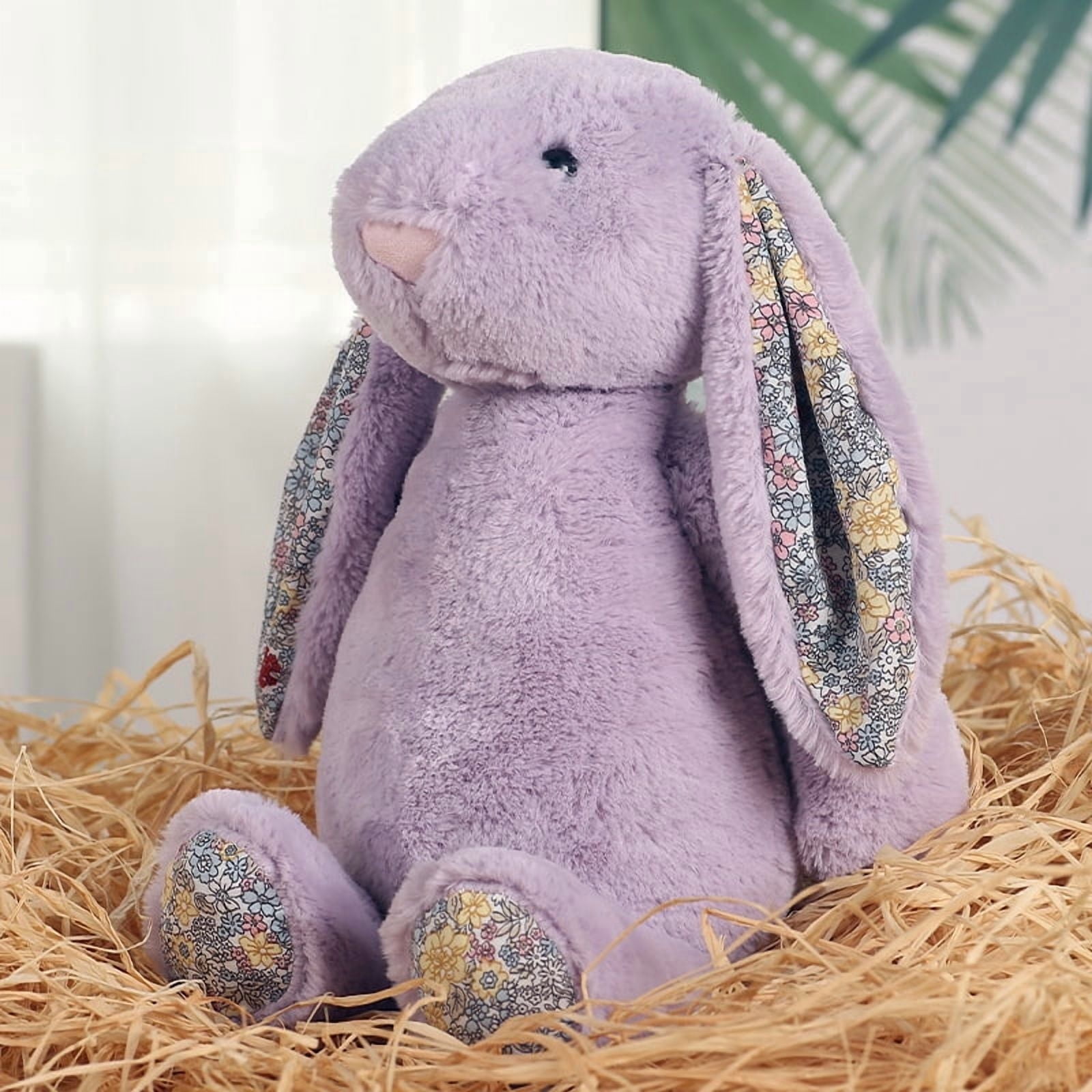 Aximioll 9.8" Lavender Lilac Easter Bunny Plush Toy with Flower Pattern Ears - Floral Rabbit Stuffed Animal Doll - Soft Fuzzy Vintage Cottagecore Spring Decor & Basket Stuffer Gift for Girls