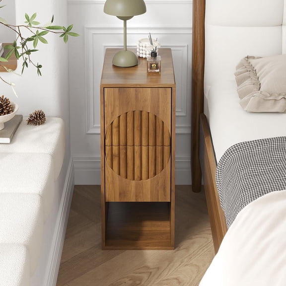 9.8" Narrow Nightstand 2 Drawer, Slim Fluted End Table, Walnut Bedside Table for Small Spaces
