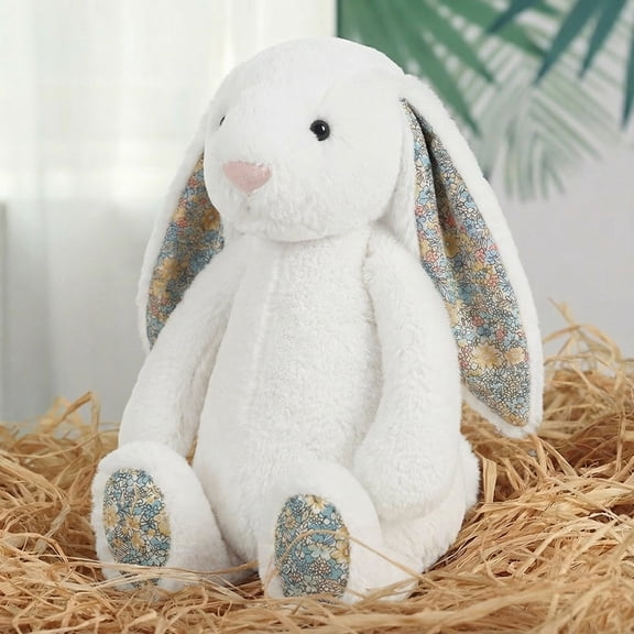 9.8" Pebble Grey Easter Bunny Plush Toy with Flower Pattern Ears - Floral Rabbit Stuffed Animal Doll - Soft Fuzzy Vintage Cottagecore Spring Decor & Basket Stuffer Gift for Boys Modern Cuddly Toy