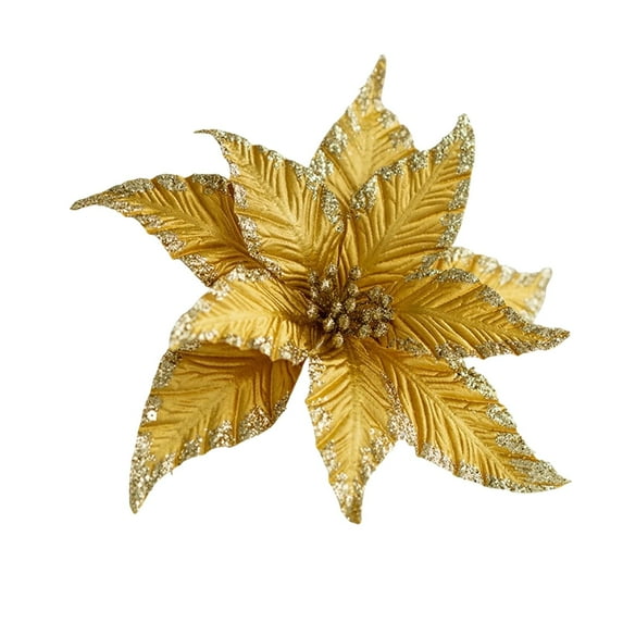 9.8" Poinsettia Artificial Flowers Gold Christmas Flower Decorations with Clips and Stems, Glitter Christmas Tree Ornaments for Xmas New Year Wedding Party