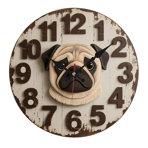 9.8" Pug-Themed Silent Wall Clock - Wooden Quartz, Non-Luminous, Rustic Design for Living Room, Bedroom, or Coffee Shop Decor - Perfect Halloween & Christmas Gift
