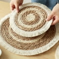 thumbnail image 1 of Round Woven Placemats, Corn Straw Braided Placemat with Cotton Tassel, Resistant Non-Slip Weave Rattan Table Mats Placemats for Dinning Table, 9.8" in dia and 15" in dia, 1 of 6