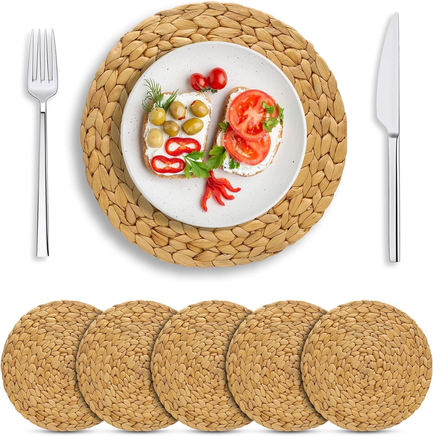 9.8" Round Woven Placemats, Placemats Set of 4,Wicker Placemats, Natural Water Hyacinth Placemats, Heat Resistant, Anti-Slip & Durable for Dining Room Table & Countertops