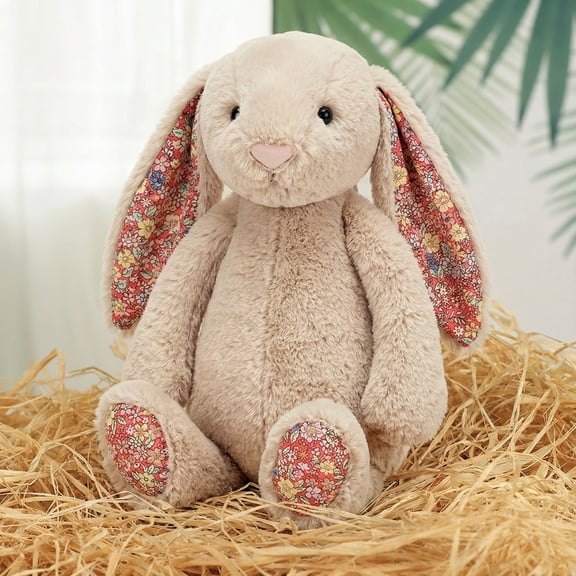 9.8" Shell Blush Pink Easter Bunny Plush Toy with Flower Pattern Ears - Floral Rabbit Stuffed Animal Doll - Soft Blush Pink Plushie for Baby Girl Shower Gift & Vintage Cottagecore Spring Decor