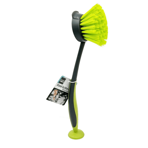 9.8 in Suction Bottom Stand Up Bristle Dish Brush, Secure Grip, Non Slip Suction Base, Convenient Sink Storage, Multi Purpose Kitchen Cleaning Tool, Cutting Boards, Countertops, Green