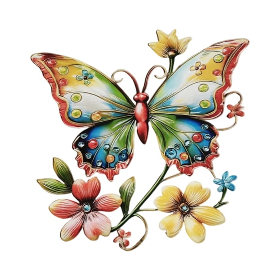 9.8" Vintage Floral Butterfly Metal Wall Art, Hand Painted Iron Hanging Ornament, Rustic Wrought Iron Wall Decor for Living Room, Farmhouse Kitchen, Porch & Holiday Home Interior Styling