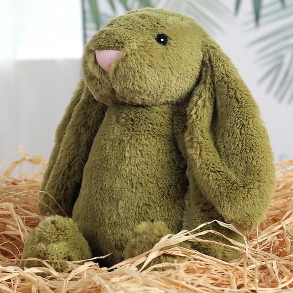 9.8" Vintage Olive Green Shaggy Easter Bunny Plush Toy - Ultra Soft Solid Color Rabbit Stuffed Animal - Fuzzy Deep Moss Earthy Plushie for Baby Boy Forest Nursery Decor & Gender Neutral Gift
