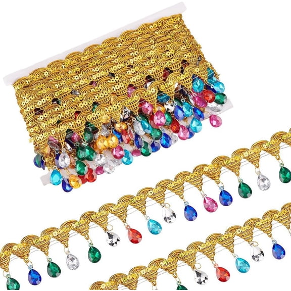 9.8 Yard Gold Metallic Scroll Braid with Sequins Colorful Rhinestone Polyester Hanging Beads Fringe Trim Gimp Braid Sewing Tassel Trim by The Yard for DIY Crafts for DIY