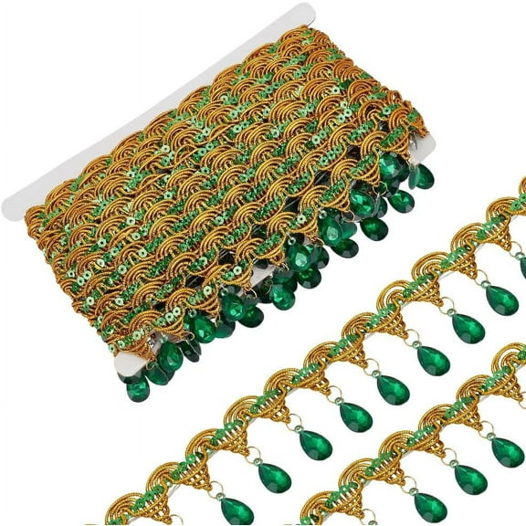 9.8 Yards 1.9 inch Wide Hanging Beads Fringe Lace Green Rhinestone Bead Fringe Trim Polyester Sewing Fringe Tassel Trim by The Yard for Handmade DIY Clothing Curtain Decor
