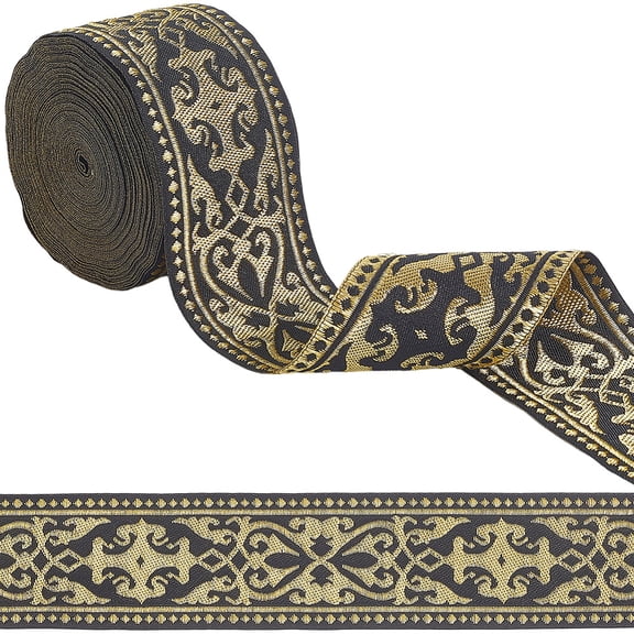 9.8 Yards Jacquard Woven Ribbon 2inch Black Gold Floral Pattern Ethnic Vintage Embroidered Trim Fringe Jacquard Webbing Purse Strap Belt DIY