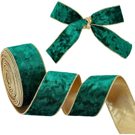 9.8 Yards Sea Green Velvet Wired Ribbon 2 inch Wide Velvet Ribbon Single Sided Velvet Fabric Ribbon Trim Gold Edged Velvet Ribbon with Gold Back
