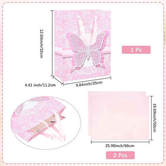 9.8 x 12.6 Inch Butterflies Birthday Bags Present Bags Assorted with Handle Tissue Pink Printed Insect Animal Rectangle Wrapping Storage Paper for DIY Party Favor Gifts Presents Packaging