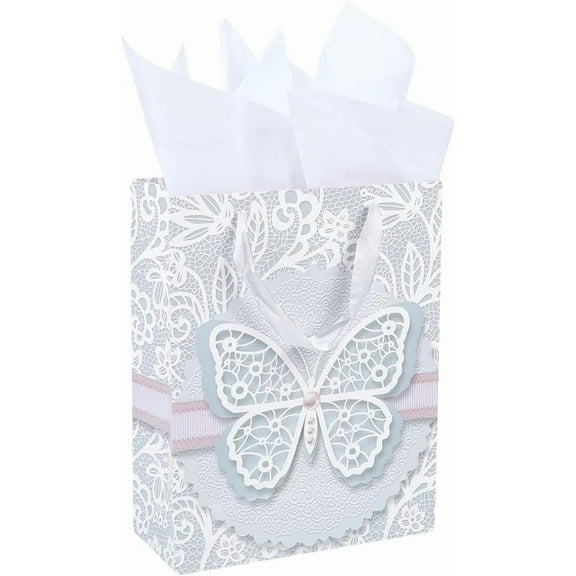 9.8 x 12.6 Inch Butterflies Gift Bags Birthday Bags with Tissue Handle Printed Butterfly Insect Animal Wrapping Gainsboro Storage Rectangle Paper Set for DIY Party Favor Presents Packaging Gainsboro