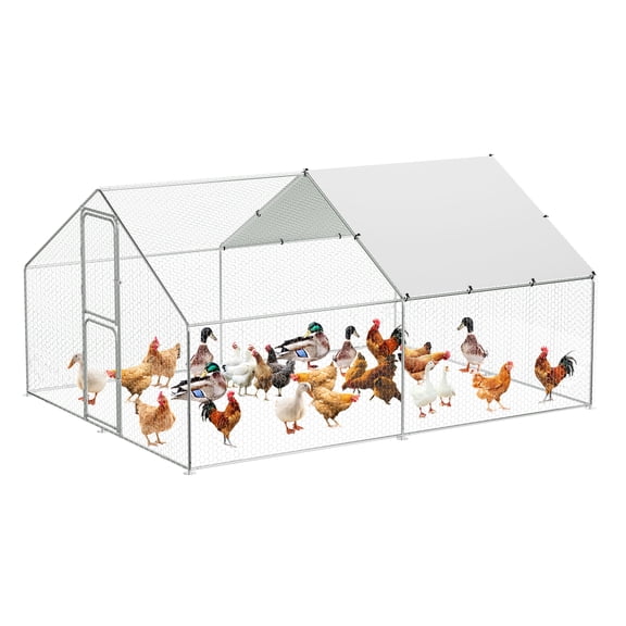 9.8 x 13.1 x 6.6 ft Large Walk in Metal Chicken Coop, Heavy Duty Poultry Cage with Waterproof UV Resistant Cover and Lockable Double Doors for Backyard