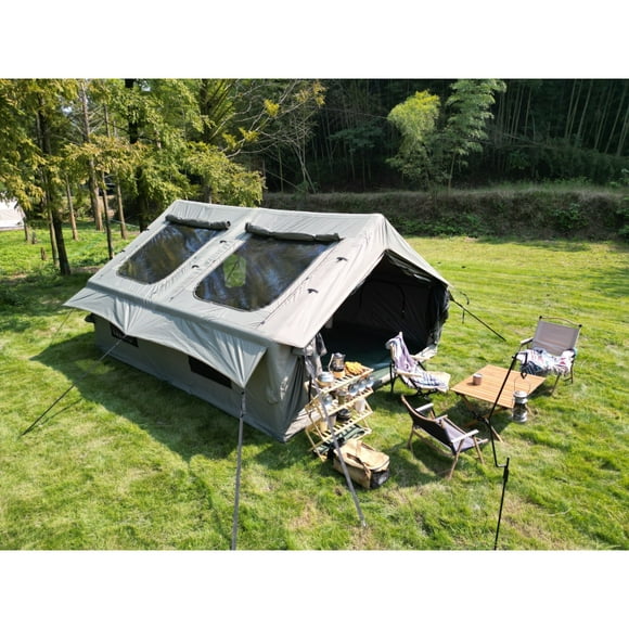 9.8 x13ft Inflatable Camping Tents with Hand Pump, Air Glamping Tents, Easy Setup Waterproof and Windproof Blow up Tent, 4 Seasons Oxford Cabin Tent with Mesh & Chimney Window. Beige