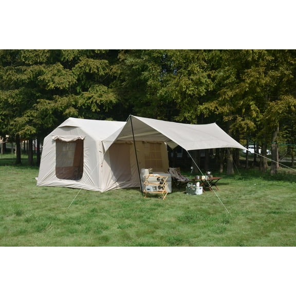 9.8 x13ft with canopy, Inflatable Camping Tents with Hand Pump, Air Glamping Tents, Easy Setup Waterproof and Windproof Blow up Tent Beige