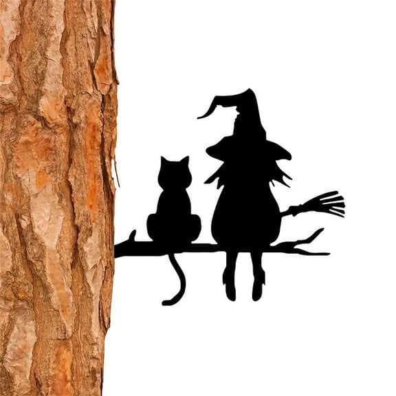 9.84×7.87 Inches Iron Silhouette Cute Witch And Cat Garden Stake On The Branch Yard Art Decor, For Garden Lawn CourtyardTree Stump Plug-in
