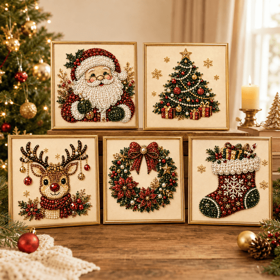 9.84*9.84*1.97IN Christmas Kit, Beginner DIY Bead Art Set with Canvas, Applicator Pen, Wax, Sorting Tray, Instructions and Photo Frame,E