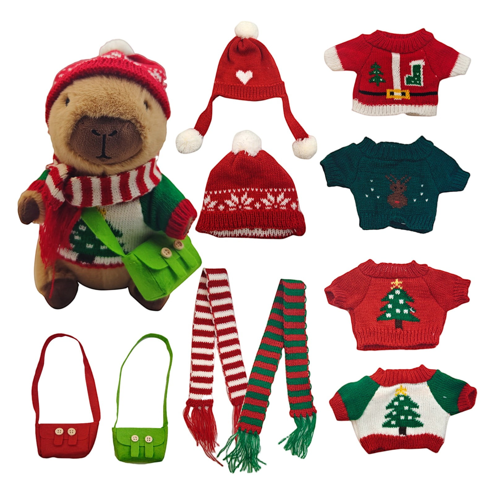 9.84" Capybara Plush Toy Set (11Pcs) - 1*Plush Dolls & 4*Clothings & 2*Head Covers & 2*Bags & 2* Scarves - Cuddly Soft Huggable Stuffed Animals Toy Pillows, Perfect Gifts for Women Teens & Fans