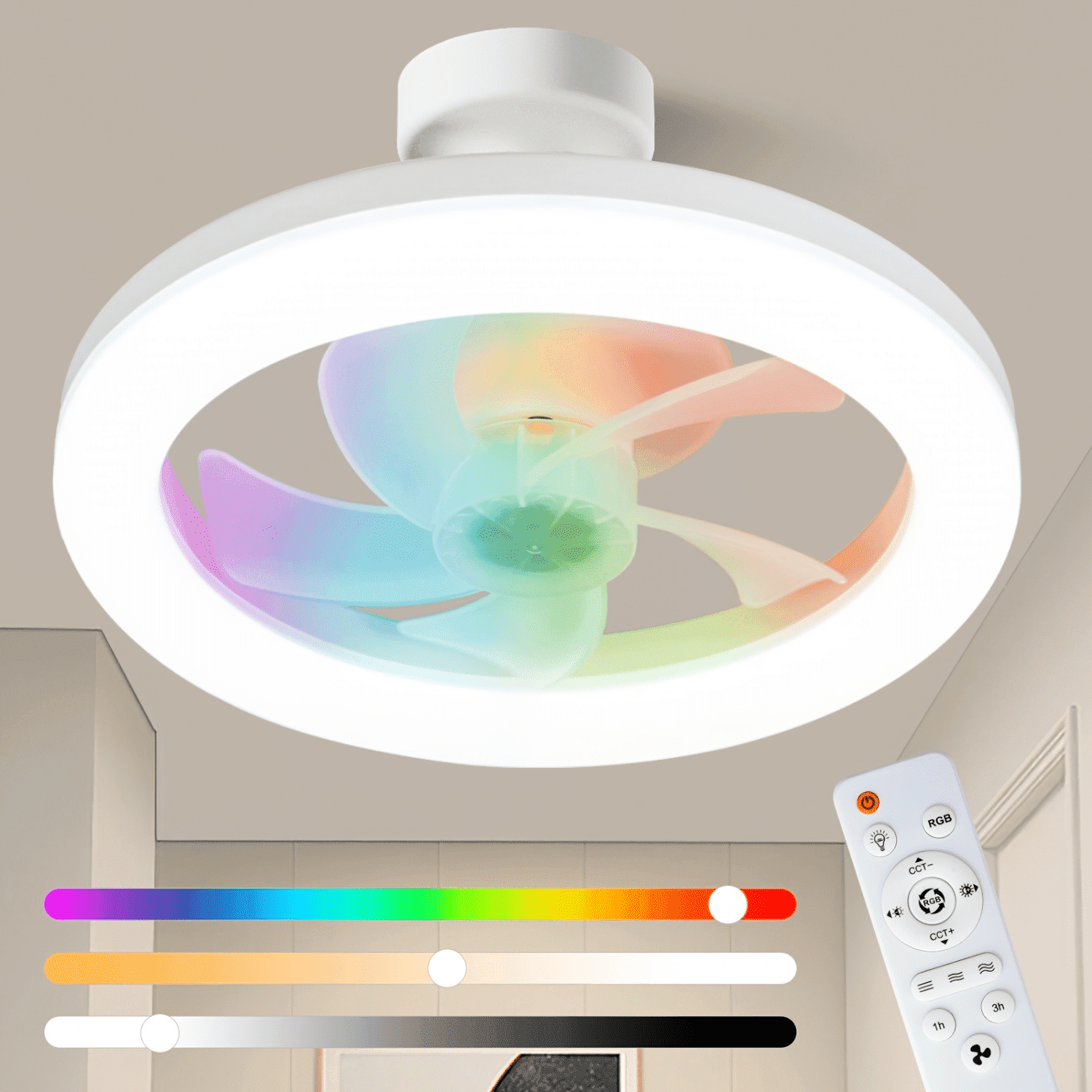 9.84 in Ceiling Fans with Lights and Remote,RGB Multicolor 3 Speeds Low Profile Ceiling Fan,Timing Flush Mount Ceiling Fan,3000-6000K Dimmable White LED Fan Light for Bedroom