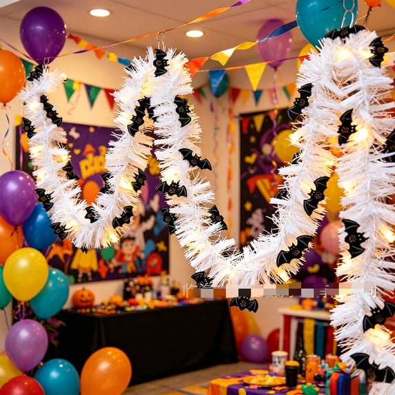 9.84 FT Halloween Tinsel Garland with LED Light White Ghost, Orange Pumpkin And Black Spider,Halloween Tree Ornaments for Indoor Outdoor Party