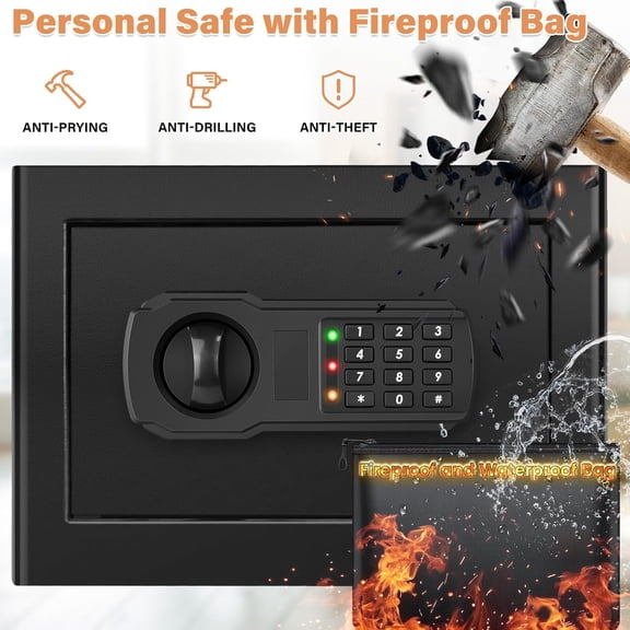 9.84"H Small Safe Box for Personal Privacy, 1.2 Cu Ft Security Safe with Fireproof Money Bag, Digital Safes with Combination Lock and Removable Shelf for Home Money Cash Medicine Documents