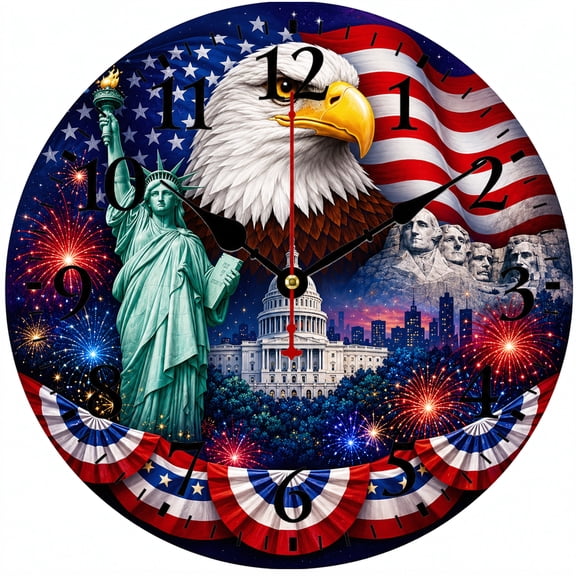 9.84 Inch American Eagle Wall Clock, Patriotic USA Flag Decor Clock with Statue of Liberty and Fireworks Design, Battery Operated Round Analog Clock for Living Room Bedroom Office Home Decor