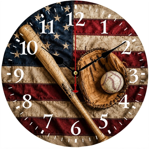9.84 Inch Baseball Wall Clock, Decorative Round Analog Clock with Large Arabic Numerals, Battery Operated Sports Clock for Living Room Bedroom Office Game Room Man Cave Farmhouse Wall Decor