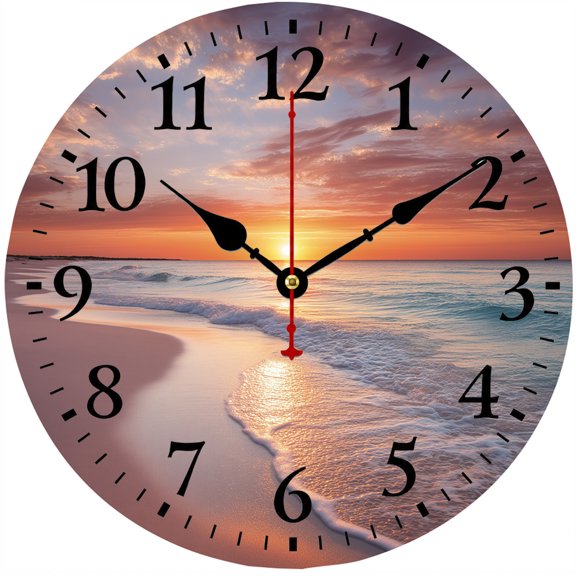 9.84 Inch Beach Wall Clock, Battery Operated Round Analog Clock with Easy Read Numbers, Ocean Sunset Seaside Decor Clock for Living Room Bedroom Kitchen Office Bathroom Beach House Coastal Home Decor