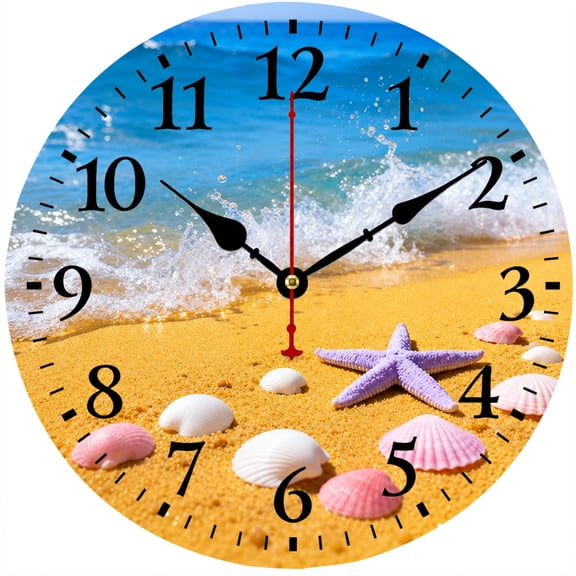 9.84 Inch Beach Wall Clock, Coastal Ocean Wave Seashell Starfish Decor, Battery Operated Round Analog Clock with Easy Read Numbers for Living Room Bedroom Kitchen Bathroom