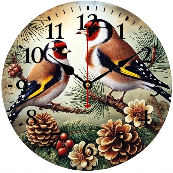 9.84 Inch Bird Wall Clock, Rustic Farmhouse Battery Operated Analog Clock, Pine Cone Floral Wall Decor for Living Room Bedroom Kitchen