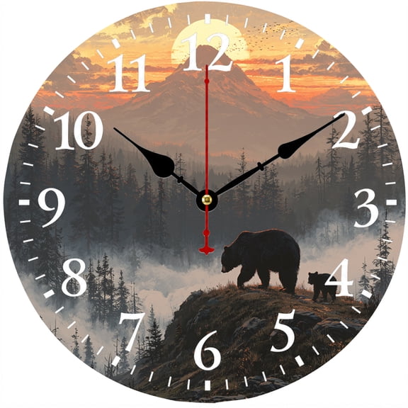 9.84 Inch Black Bear Wall Clock, Mountain Forest Wildlife Rustic Cabin Decor, Battery Operated Analog Clock for Living Room Bedroom Office