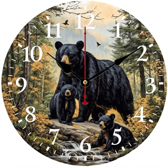 9.84 Inch Black Bear Wall Clock, Rustic Cabin Wildlife Decor, Battery Operated Analog Clock for Living Room Bedroom Kitchen Office