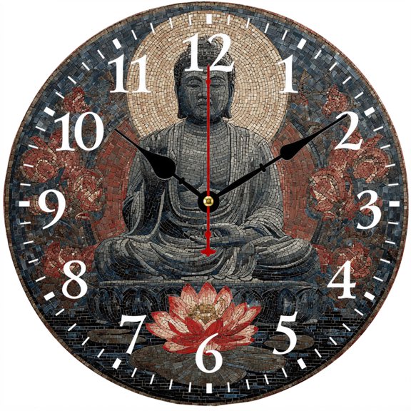 9.84 Inch Buddha Wall Clock, Battery Operated Round Analog Clock with Easy to Read Numbers, Zen Meditation Lotus Flower Decor, Spiritual Wall Art for Living Room Bedroom Office Yoga Room