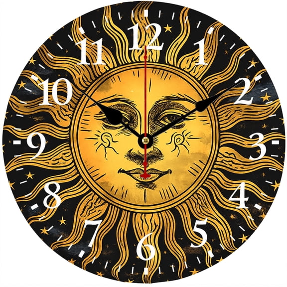 9.84 Inch Celestial Sun Face Wall Clock, Vintage Black Gold Boho Round Analog Clock with Easy to Read Numbers, Battery Operated Wall Decor for Living Room Bedroom Office