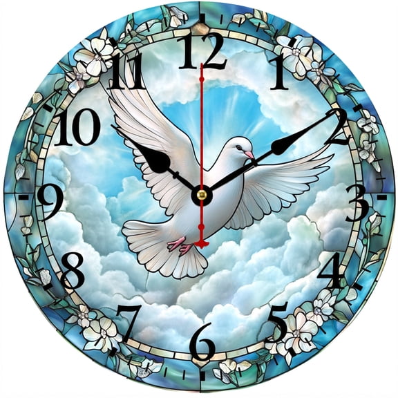 9.84 Inch Christian Dove Wall Clock, Decorative Round Analog Battery Operated Clock with Easy to Read Numbers, Stained Glass Sky Cloud Design for Living Room Bedroom Kitchen Office Home Decor