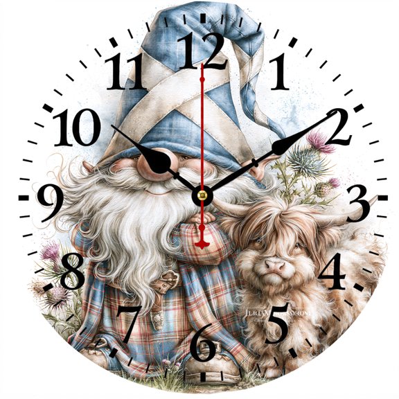 9.84 Inch Christmas Wall Clock, Santa Gnome Highland Cow Decorative Clock, Battery Operated Round Analog Clock with Easy Read Numbers, Farmhouse Rustic Holiday Decor for Kitchen Living Room Bedroom
