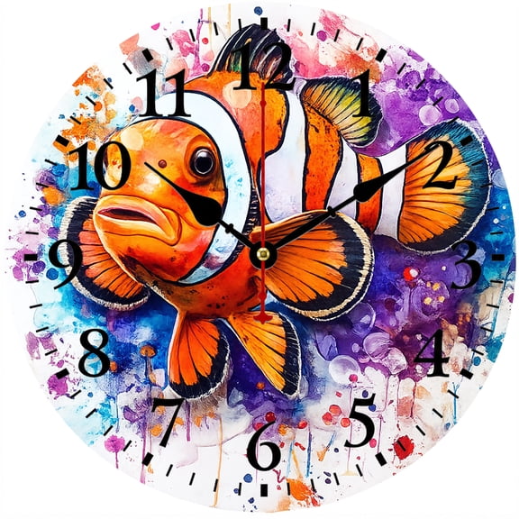 9.84 Inch Clownfish Wall Clock, Colorful Ocean Fish Decorative Analog Clock, Battery Operated, Easy to Read for Kitchen, Bedroom, Bathroom