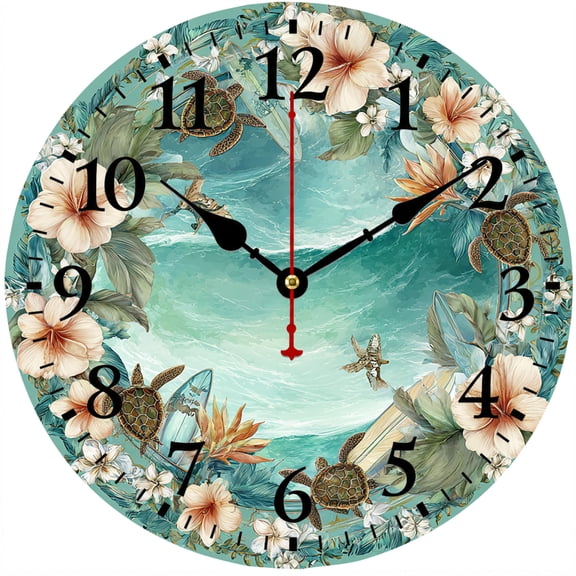 9.84 Inch Coastal Wall Clock, Battery Operated Round Analog Clock with Easy to Read Numbers, Ocean Sea Turtle Floral Beach Decor Clock for Living Room Bedroom Kitchen Bathroom Beach House Decor