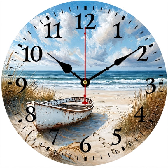 9.84 Inch Coastal Wall Clock, Battery Operated Round Analog Ocean Beach Clock with Easy to Read Numbers, Nautical Boat Sea Wave Wall Decor for Living Room, Kitchen, Bedroom, Beach House