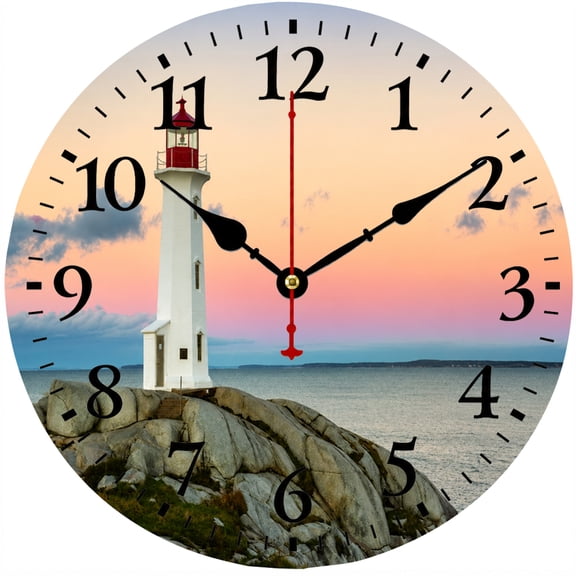 9.84 Inch Coastal Wall Clock, Lighthouse Ocean Sunset Decorative Analog Clock, Nautical Beach House Decor, Battery Operated Wall Clock for Living Room Bedroom Kitchen Office