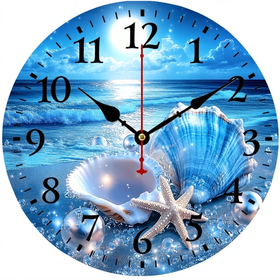 9.84 Inch Coastal Wall Clock, Nautical Ocean Theme Decorative Round Analog Clock, Battery Operated Beach House Decor Clock with Easy to Read Numbers for Living Room Bedroom Bathroom Kitchen Office