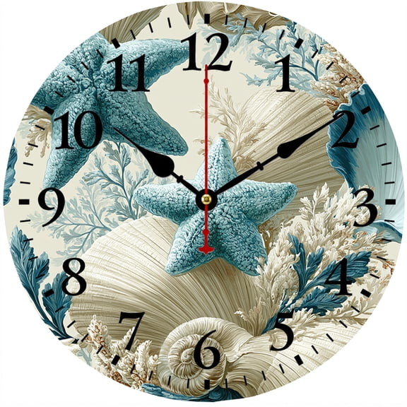 9.84 Inch Coastal Wall Clock, Ocean Starfish Sea Shell Decorative Clock, Battery Operated Round Analog Clock with Easy to Read Numbers, Nautical Beach House Decor for Living Room Bedroom Kitchen