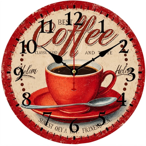 9.84 Inch Coffee Wall Clock, Vintage Red Coffee Cup Round Analog Clock with Large Numbers, Battery Operated Kitchen Cafe Decor for Coffee Bar Dining Room Office