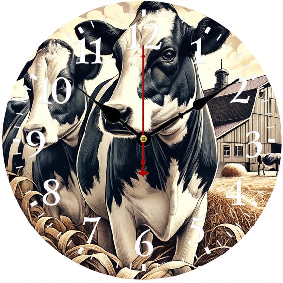 9.84 Inch Cow Wall Clock, Farmhouse Battery Operated Analog Clock with Easy to Read Numbers, Rustic Farm Animal Decor for Kitchen Living Room