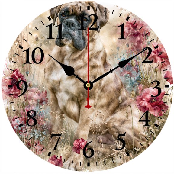 9.84 Inch Dog Wall Clock, Boxer Dog Floral Art Decorative Round Analog Clock, Battery Operated Easy to Read Numbers Clock for Living Room Bedroom Kitchen Farmhouse Pet Lover Home Decor