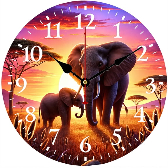 9.84 Inch Elephant Wall Clock, African Safari Sunset Decorative Battery Operated Analog Clock for Living Room Bedroom Kitchen Office