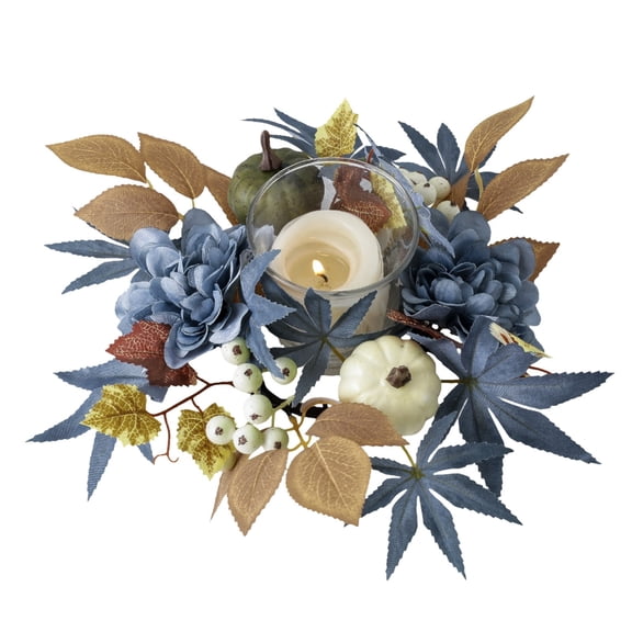 9.84 Inch Fall Candle Rings Thanksgiving Artificial Wreaths White Pumpkin Blue Maple Leaves Wreath Fall Table Centerpiece for Autumn Thanksgiving Christmas Home Rustic Table Decor